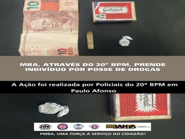 POLICIA MILITAR ATRAVÉS DO 20º BPM, PRENDE INDIVÍDUO POR POSSE DE DROGAS