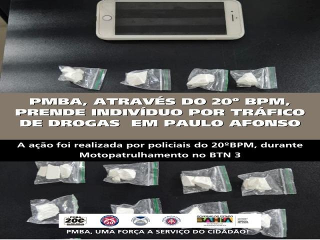 POLICIA MILITAR PRENDE INDIVÍDUO POR TRÁFICO DE DROGAS DURANTE MOTOPATRULHAMENTO NO BTN III EM PAULO AFONSO