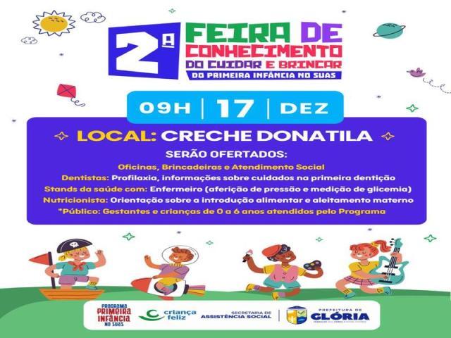 Prefeitura de Glória realizará a 2ª Feira de Conhecimento do Cuidar e Brincar da Primeira Infância no SUAS