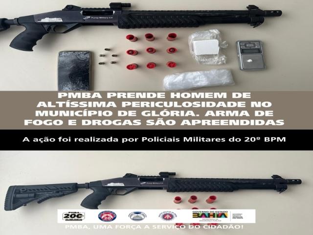 POLICIA MILITAR PRENDE HOMEM DE ALTÍSSIMA PERICULOSIDADE NO MUNICÍPIO DE GLÓRIA. ARMA DE FOGO E DROGAS SÃO APREENDIDAS