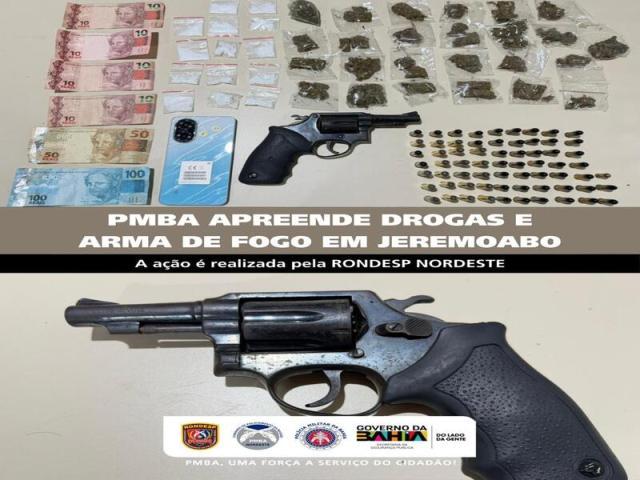 POLICIA MILITAR APREENDE DROGAS E ARMA DE FOGO EM JEREMOABO