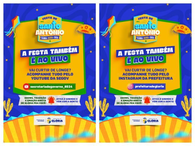 PREFEITURA DE GLÓRIA TRANSMITIRÁ FESTA DE SANTO ANTÔNIO E SANTO SUNSET AO VIVO PELAS REDES SOCIAIS