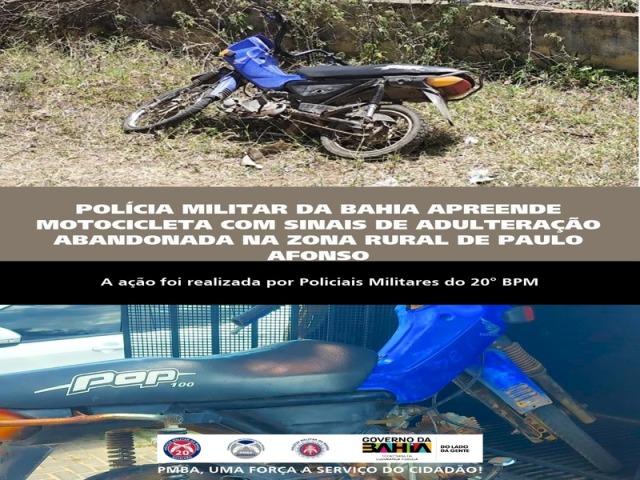 POLÍCIA MILITAR DA BAHIA APREENDE MOTOCICLETA COM SINAIS DE ADULTERAÇÃO ABANDONADA NA ZONA RURAL DE PAULO AFONSO
